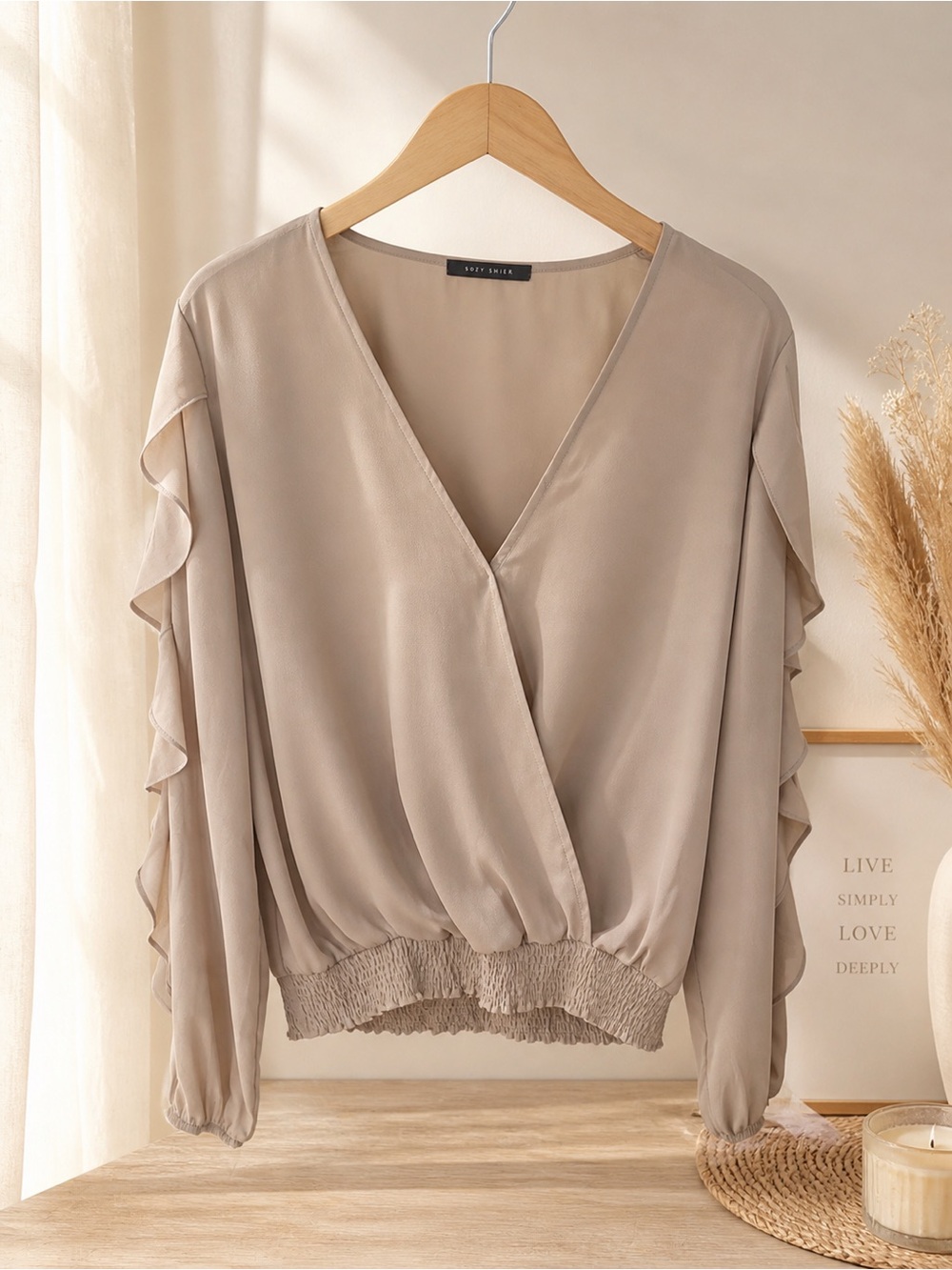 Suzy Shier Taupe Ruffle-Sleeve V-Neck Blouse